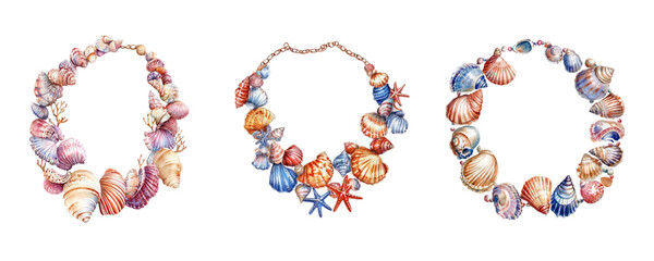 Watercolor set of marine jewelry for the neck. Watercolor beads with shells and corals. Marine jewelry concept. Watercolor marine jewelry with shells. Vector illustration.