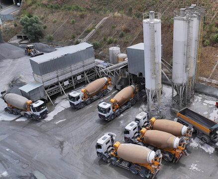 Aerial View of Cement Trucks at an Industrial Construction Site