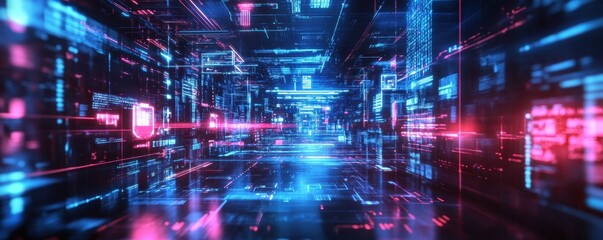 Fototapeta premium A futuristic search engine algorithm interface glowing in vibrant neon colors against a dark background.