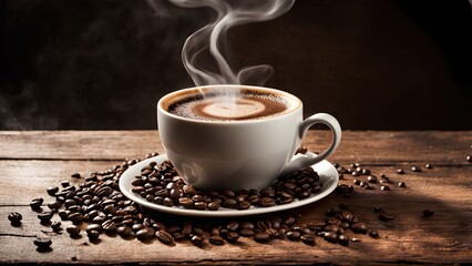 Steaming cup coffee rustic wood coffee beans.