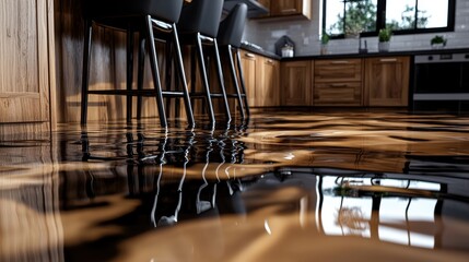 Serene and minimalist wooden room with elegant chairs reflected on the polished hardwood floor creating a calming and contemplative atmosphere