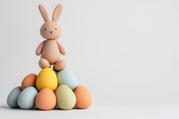 Obraz premium Soft plush bunny toy stacked atop colorful Easter eggs against a neutral backdrop symbolizing childhood nostalgia minimalism and seasonal festivity in a playful pastel setting