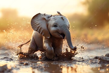 Adorable Baby Elephant Joyfully Playing in Mud at Golden Sunset