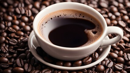 Fototapeta premium A close-up shot a cup espresso resting a saucer amidst a bed roasted coffee beans.