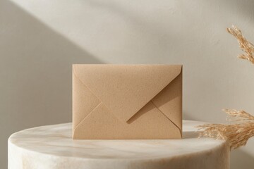 Simple brown envelope displayed on a marble stand surrounded by natural decor in soft lighting