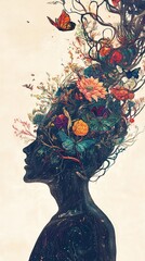 Woman with Flowers in her Mind: An Abstract Fantasy Art