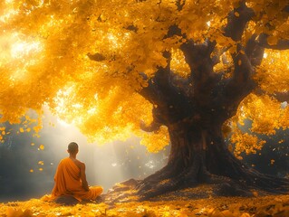 The Monk’s Solitude: Meditating Under the Golden Canopy