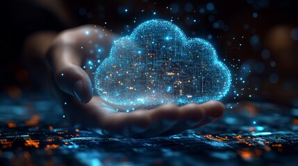 Hand interacting with cloud computing infographic: technology icons illustrating centralized collection of lifestyle and confidential data in a digital cloud ecosystem