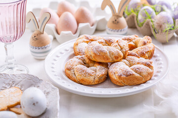 Easter wreath bread, traditional Easter holiday baking, sweet bun cakes