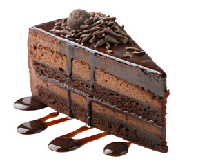 Decadent chocolate cake slice with glossy ganache, chocolate shavings, and dripping sauce, isolated on white background. Perfect for dessert, bakery, and sweet indulgence themes.
