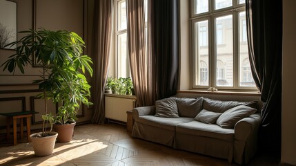 Living room with a large window on the right side. the window is covered with sheer curtains and has a view of a building outside.