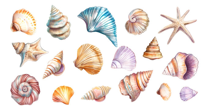 Watercolor set of sea shells. Various sea and ocean shells. Beach elements. Sea mollusk elements. Sea and ocean elements concept. Vector illustration.