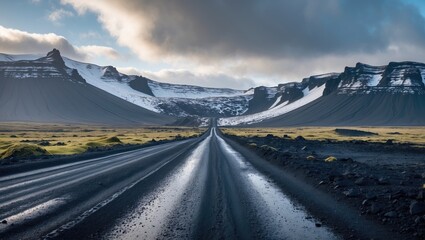 A rugged dirt road leads through Iceland's volcanic landscape, flanked by snow-capped mountains, with ample copy space for text or design.