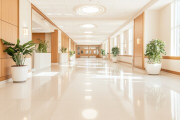 Fototapeta premium Minimalistic Corridor With Elegant Design Featuring Natural Light and Greenery in a Modern Building