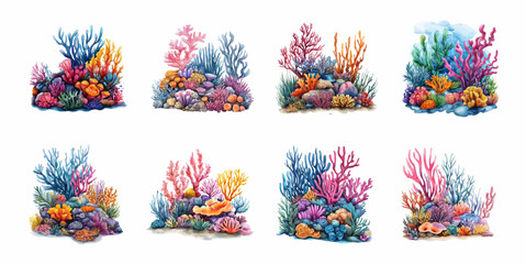 Watercolor set of sea coral reefs and water bodies. Underwater sea and ocean plants. Seabed and plants concept. Vector illustration. © Narin
