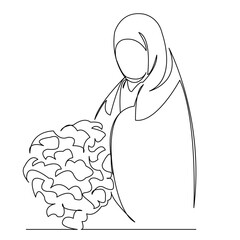 One continuous single drawing line art flat doodle muslim, girl, female, beautiful, religion, beauty, flower, fashion. Isolated image hand draw contour on a white background
