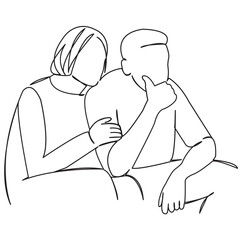 One continuous single drawing line art flat doodle sofa, people, watching, love, couple, home, together, tv, movie. Isolated image hand draw contour on a white background
