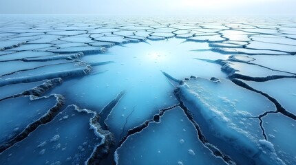 A Chilling Expanse Of Cracked Glacial Ice, Reflecting A Pale Winter Sun In A Serene, Icy Landscape