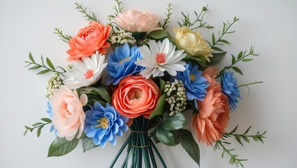 Colorful arrangement of artificial flowers featuring peach roses blue daisies and green foliage on a clean white background creating a vibrant display