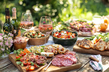 Delicious charcuterie and ros&eacute; wine served on wooden table for outdoor garden party