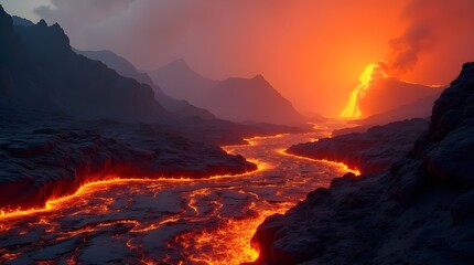 A Fiery River Of Molten Lava Flows Through A Volcanic Landscape At Sunset, Creating A Breathtaking Spectacle Of Natures Raw Power And Intense Orange Hues
