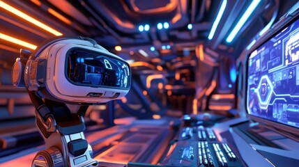Fototapeta premium Futuristic VR headset on robotic arm in spaceship control room
