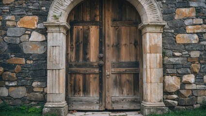 Obraz premium Aged wooden double doors framed by weathered stone arches with varying gray and brown tones against a rustic backdrop of rough stone walls.