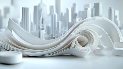 Stunning architectural cityscape with dynamic fluid abstract waves and elegant geometric patterns showcasing a modern futuristic and sleek design in a minimalist contemporary style