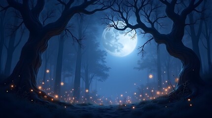 A Moonlit Path Through An Enchanted Forest, Glowing With Fireflies Under A Serene Full Moon, In Cool Blues And Deep Shadows