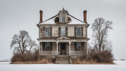 Historic Victorian house with weathered wood and snow-covered ground, framed by leafless trees in grey tones and a cloudy backdrop.