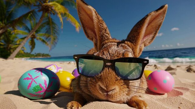 A playful rabbit wearing stylish sunglasses sits motionless on warm, golden sand, surrounded by vibrant Easter eggs in pastel and bright tropical colors. The scene is set on a stunning tropical beach