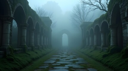 A Mysterious Ancient Stone Pathway Shrouded In An Ethereal Fog, Disappearing Into The Depths Of A Moss-covered Cloister, Evoking A Sense Of Wonder And Quiet Solitude