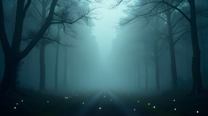 A Mysterious Path Winding Through A Ghostly, Fog-laden Forest At Twilight, Illuminated By Faint, Ethereal Lights, Creating An Eerie And Captivating Scene