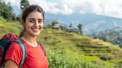 Obraz premium Pakistani woman in red t-shirt smiling enjoying outdoor activity at rice field and terraces in the mountain