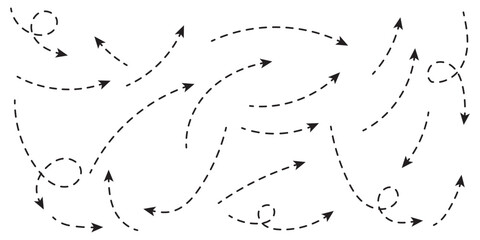 Dashed arrow set. Vector doodle dot line. Dotted hand drawn arrow. Doodle arrows of various shapes and directions.  1176