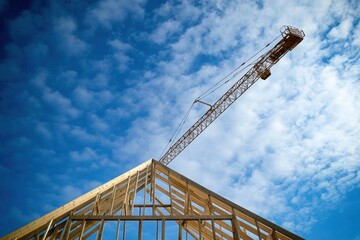 Construction Crane over Wooden House Frame