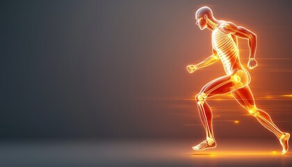 Obraz premium Balanced diet for a strong muscular system. A glowing figure runs energetically, symbolizing vitality and motion.