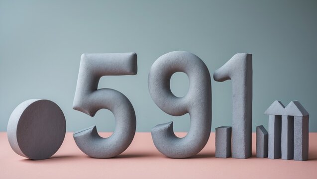 Grey numbers 591 with a grey circle and bar graph on a pastel green and pink background showcasing financial or statistical growth concepts