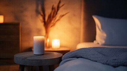 Bedroom scene with a bed in the background. on the left side of the image, there is a small wooden stool with a white candle on it.