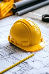 Safety helmet resting on architectural blueprints at a construction site during daylight hours for planning and design purposes. Building Safety Month