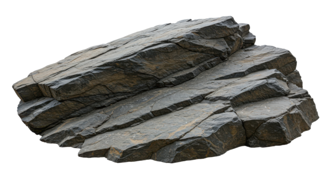 Large dark grey rock formation with angular, rugged surface and visible cracks, veins, and weathered patches in lighter grey and brown tones. Irregular, elongated shape isolated on white background. 