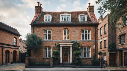 Fototapeta premium Cozy brick residential building with European design featuring warm brown bricks, white windows, and green foliage in a tranquil urban setting.