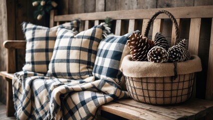 Obraz premium Rustic wooden bench adorned with a cozy plaid blanket and checkered cushions, accompanied by a felt basket filled with pine cones in warm tones.