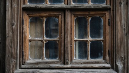 Aged wooden window with intricate panes, featuring warm brown hues and rustic textures, showcasing its historical charm and character.