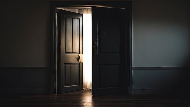 Dark wooden door slightly ajar revealing bright light from behind, casting a warm glow on the dim interior walls and wooden floor.