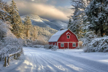 Red barn standing in snow covered valley at sunset during winter