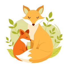Mother and Baby Fox Snuggling with a Simple Leaf for Happy Mothers Day PNG