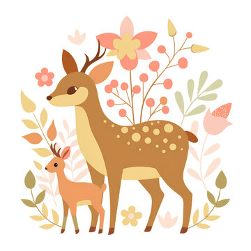 Mother and Baby Deer Surrounded by Soft Floral Elements for Happy Mothers Day PNG