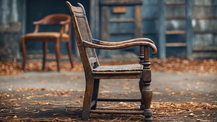 Side view of a rustic old wooden chair with a dark brown finish set against a blurred background of autumn leaves and muted colors.