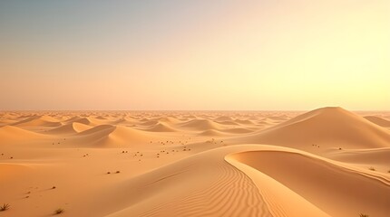 Golden Sands Of The Arabian Desert At Sunset, Vast Dunes Under A Warm, Hazy Sky